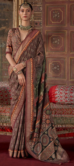 Beige and Brown color Saree in Blended fabric with Printed, Weaving work