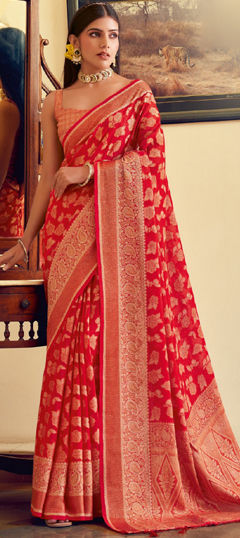 Red and Maroon color Saree in Georgette fabric with Printed work