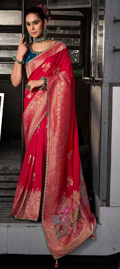Red and Maroon color Saree in Viscose fabric with Weaving, Zari work