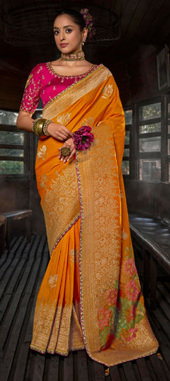 Orange color Saree in Viscose fabric with Weaving, Zari work