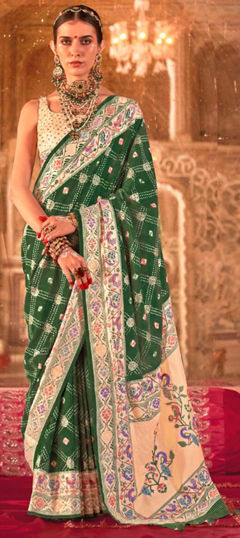 Green color Saree in Silk fabric with Printed work