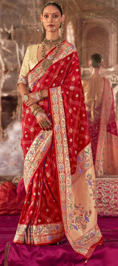 Red and Maroon color Saree in Silk fabric with Printed work