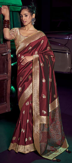 Red and Maroon color Saree in Silk fabric with Weaving, Zari work