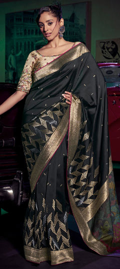 Black and Grey color Saree in Silk fabric with Weaving, Zari work