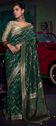 Green color Saree in Silk fabric with Weaving, Zari work