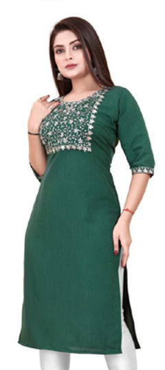 Green, White and Off White color Kurti in Rayon fabric with Embroidered, Sequence, Thread work