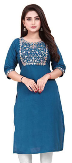 Blue, White and Off White color Kurti in Rayon fabric with Embroidered, Sequence, Thread work