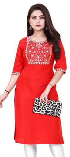Red and Maroon, White and Off White color Kurti in Rayon fabric with Embroidered, Sequence, Thread work