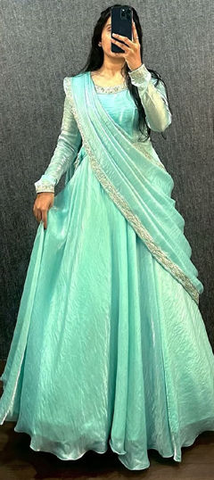 Green color Gown in Art Silk fabric with Embroidered, Thread work