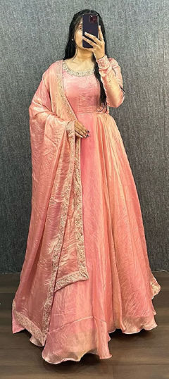 Pink and Majenta color Gown in Art Silk fabric with Embroidered, Thread work
