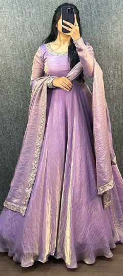 Purple and Violet color Gown in Art Silk fabric with Embroidered, Thread work