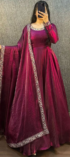 Red and Maroon color Gown in Art Silk fabric with Embroidered, Thread work