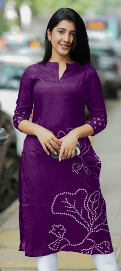 Purple and Violet color Kurti in Cotton fabric with Bandhej, Printed work