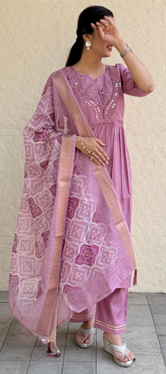 Pink and Majenta color Salwar Kameez in Art Silk fabric with Bugle Beads, Embroidered, Mirror, Thread work
