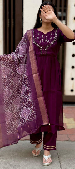 Purple and Violet color Salwar Kameez in Art Silk fabric with Bugle Beads, Embroidered, Mirror, Thread work