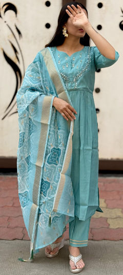 Blue color Salwar Kameez in Muslin fabric with Bugle Beads, Embroidered, Mirror, Thread work
