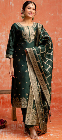 Green color Salwar Kameez in Silk cotton fabric with Thread, Weaving work