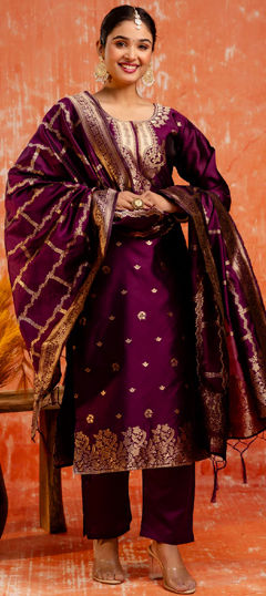 Purple and Violet color Salwar Kameez in Silk cotton fabric with Thread, Weaving work