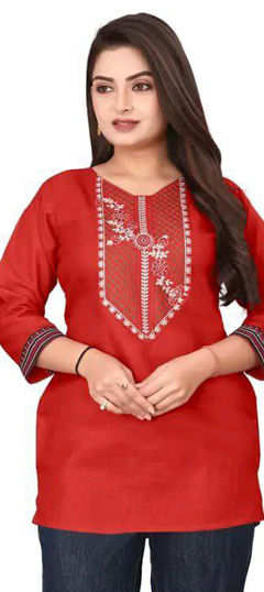 Red and Maroon, White and Off White color Tops and Shirts in Cotton fabric with Embroidered, Resham, Thread work