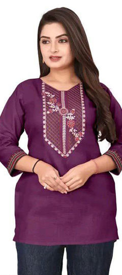 Purple and Violet, White and Off White color Tops and Shirts in Cotton fabric with Embroidered, Resham, Thread work