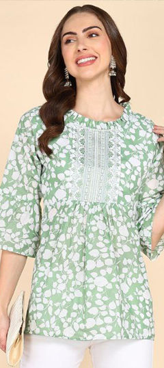 Green, White and Off White color Tops and Shirts in Cotton fabric with Embroidered, Printed, Thread work