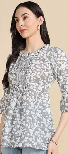 Beige and Brown, White and Off White color Tops and Shirts in Cotton fabric with Embroidered, Printed, Thread work
