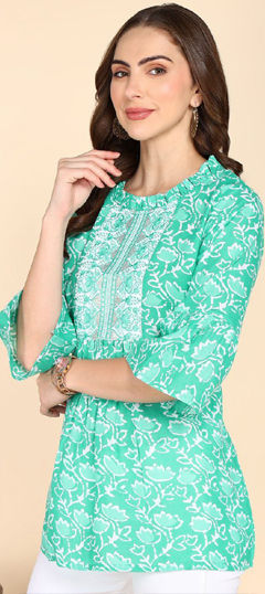 Blue, White and Off White color Tops and Shirts in Cotton fabric with Embroidered, Printed, Thread work