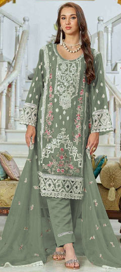 Green color Salwar Kameez in Faux Georgette fabric with Embroidered, Mirror, Sequence, Zircon work