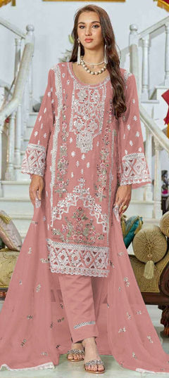 Pink and Majenta color Salwar Kameez in Faux Georgette fabric with Embroidered, Mirror, Sequence, Zircon work