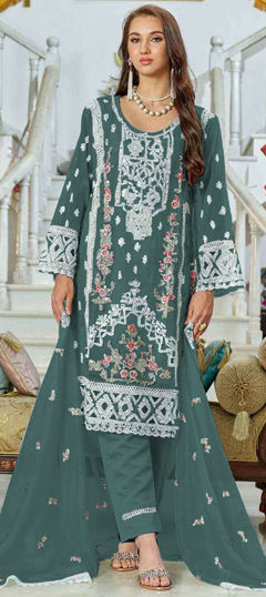 Blue color Salwar Kameez in Faux Georgette fabric with Embroidered, Mirror, Sequence, Zircon work