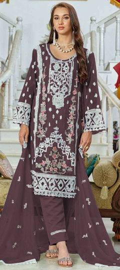 Beige and Brown color Salwar Kameez in Faux Georgette fabric with Embroidered, Mirror, Sequence, Zircon work