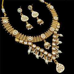 Gold Rodium Polish White and Off White color Necklace in Copper studded with CZ Diamond, Kundan, Pearl