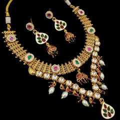Gold Rodium Polish Multicolor color Necklace in Copper studded with CZ Diamond, Kundan, Pearl