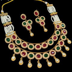 Gold Rodium Polish Green, Red and Maroon color Necklace in Copper studded with CZ Diamond, Kundan, Pearl