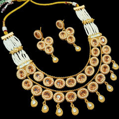 Gold Rodium Polish Beige and Brown color Necklace in Copper studded with CZ Diamond, Kundan, Pearl