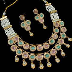 Gold Rodium Polish Green, Pink and Majenta color Necklace in Copper studded with CZ Diamond, Kundan, Pearl
