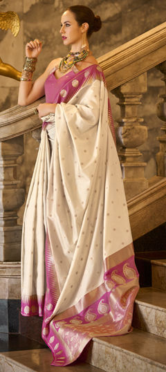 White and Off White color Saree in Silk fabric with Weaving, Zari work