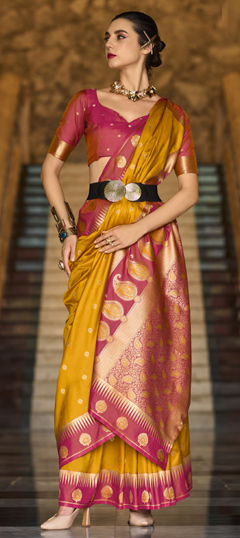 Yellow color Saree in Silk fabric with Weaving, Zari work
