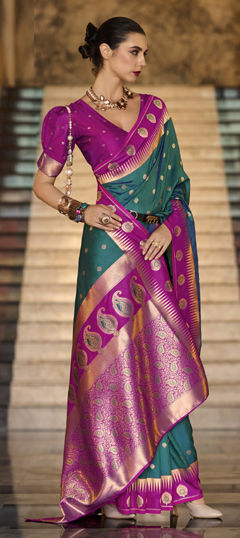 Green color Saree in Silk fabric with Weaving, Zari work