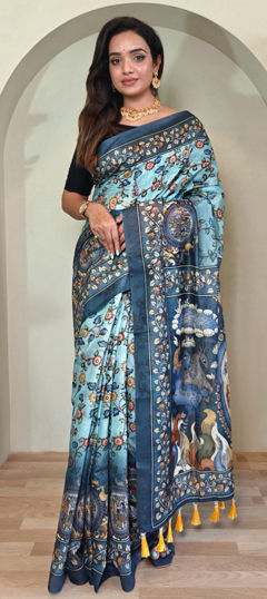 Blue color Saree in Cotton fabric with Floral, Printed work