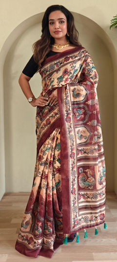 Beige and Brown color Saree in Cotton fabric with Floral, Printed work