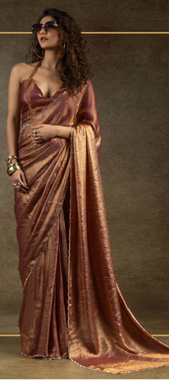 Beige and Brown color Readymade Saree in Satin Silk fabric with Stone work