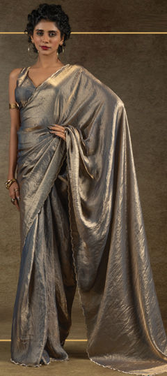 Black and Grey color Readymade Saree in Satin Silk fabric with Stone work