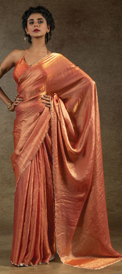 Beige and Brown color Readymade Saree in Satin Silk fabric with Stone work