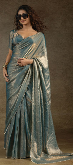 Blue color Readymade Saree in Satin Silk fabric with Stone work