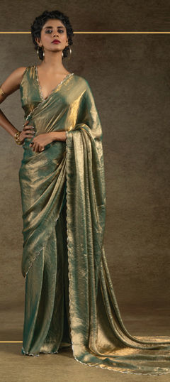 Green color Readymade Saree in Satin Silk fabric with Stone work