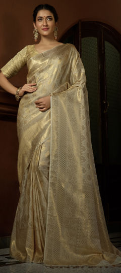 White and Off White color Saree in Kanjeevaram Silk fabric with Weaving work