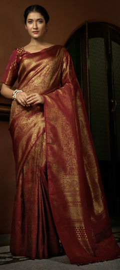 Red and Maroon color Saree in Kanjeevaram Silk fabric with Weaving work