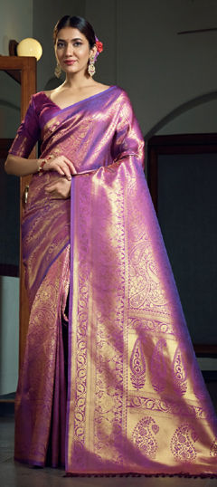 Purple and Violet color Saree in Kanjeevaram Silk fabric with Weaving work