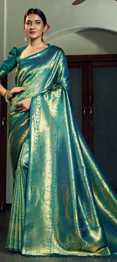 Blue color Saree in Kanjeevaram Silk fabric with Weaving work